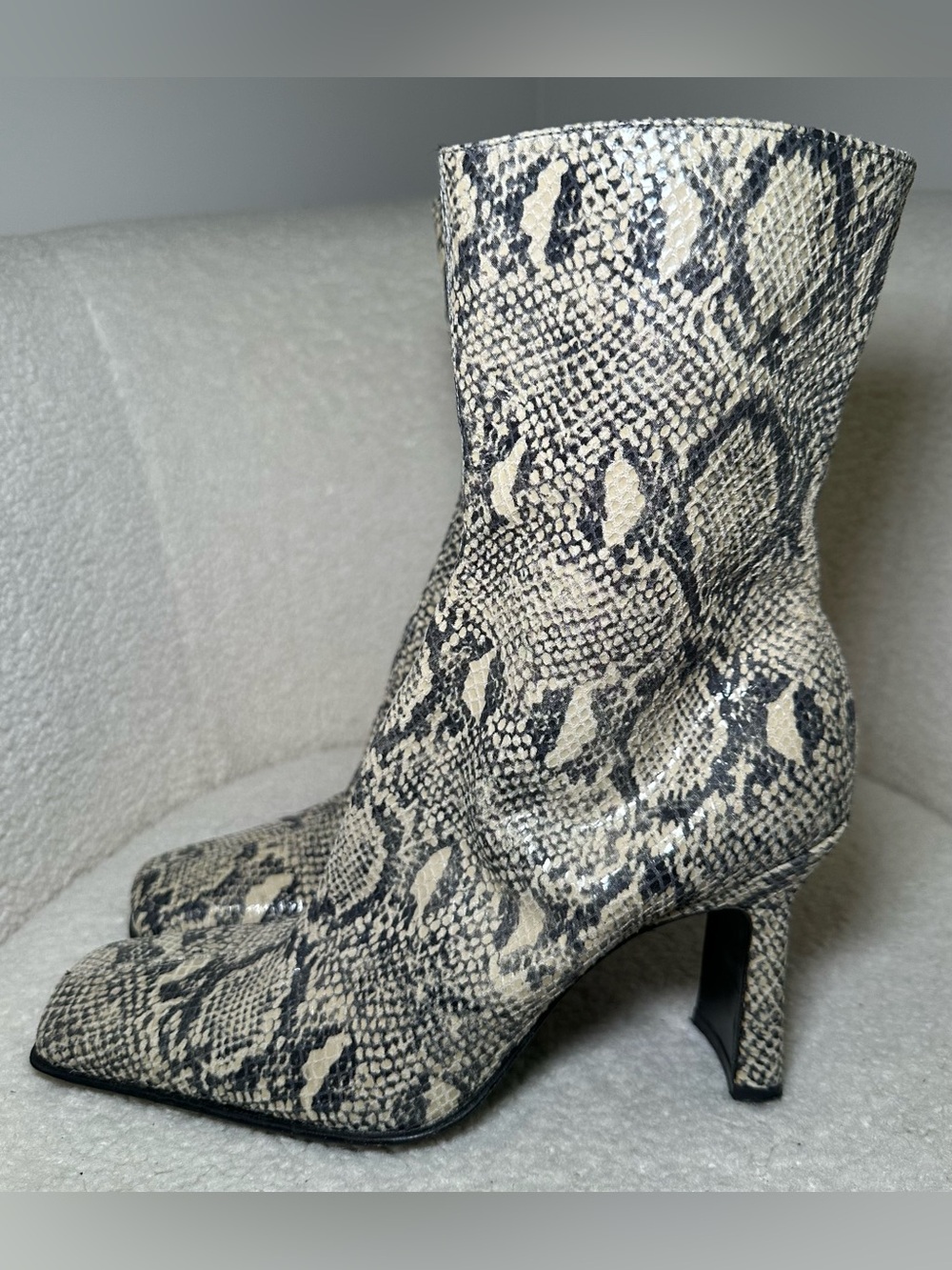 Snakeskin Print Ankle Boots Square Toe Heels Bohemian Festival Indie Bratz Club - Picture 3 of 15